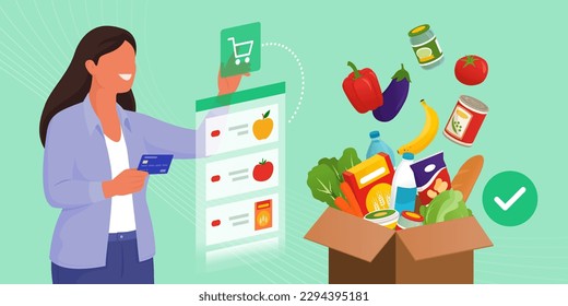 Happy woman doing online grocery shopping on a virtual interface and receiving fresh groceries