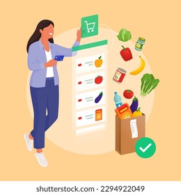 Happy woman doing online grocery shopping on a virtual interface and receiving fresh groceries