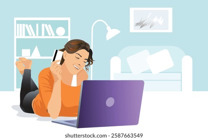 happy woman doing online shopping at home. vector, illustration.