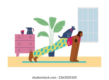 Happy woman doing plank exercise together with dog, flat vector illustration isolated on white background. Person doing abs and deep core workout at home.