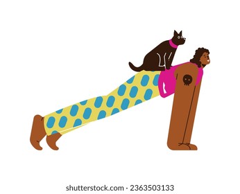 Happy woman doing plank exercise with dog on back flat style, vector illustration isolated on white background. Decorative design element, sport and health, training