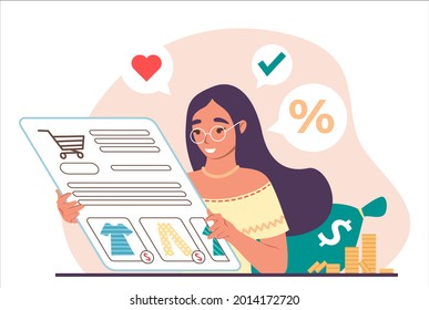 Happy woman doing shopping online using tablet, flat vector illustration. Girl making purchases online. Internet store, e-commerce.