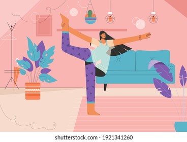 Happy woman doing yoga asana at home. Young girl practicing balance pose at living room. Healthy lifestyle, meditation, relax, recreation. Cozy interior in apartment. Vector character illustration