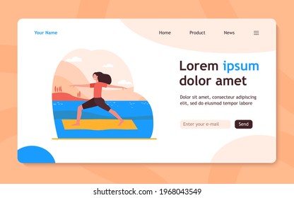 Happy woman doing yoga exercise on nature. Mat, pose, flexibility flat vector illustration. Healthcare and sport activity concept for banner, website design or landing web page