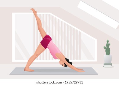 happy woman doing yoga exercises, practicing stretching on mat in yoga studio or home. vector illustration.