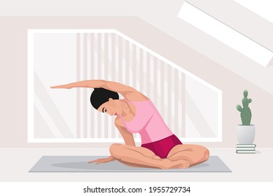 happy woman doing yoga exercises, practicing stretching on mat in yoga studio or home. vector illustration.