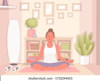 Happy woman doing yoga at home. Relaxation and concentration. Healthy and active lifestyle. Vector illustration in a flat style