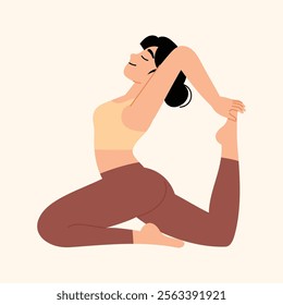 happy woman is doing yoga one leg king pigeon pose illustration 