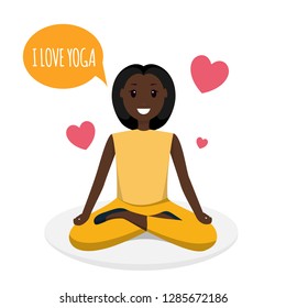 Happy Woman Doing Yoga Sport Training Program. Image Character Smiling Young African American Girl Sitting in Lotus Pose Speaking I Love Yoga. Red Heart. Isolated on White Background