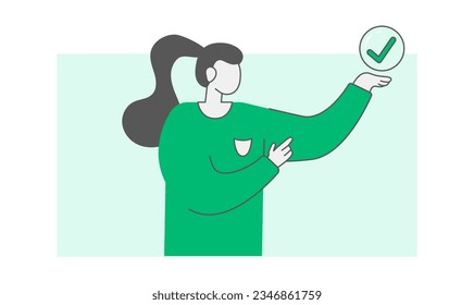 Happy woman with done sign. Task completed or finished work concept. Flat style trendy woman. Vector illustration