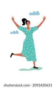 Happy woman dreaming. Character runs in nature, arms outstretched. Smiling person walking in fresh air, outdoor recreation. Inner balance, freedom, psychology. Cartoon flat vector illustration