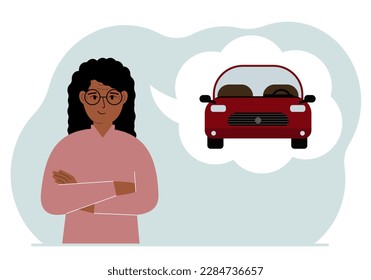 Happy woman dreams of a car. Near the woman is a large balloon with a red car. The concept of place, purchase, credit, thought. Vector flat illustration