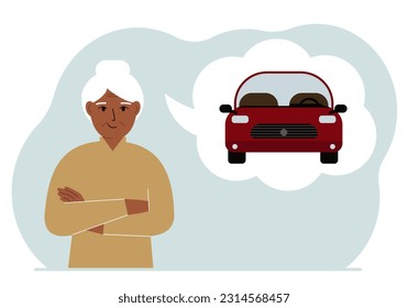 Happy woman dreams of a car. Near the woman is a large balloon with a red car. The concept of place, purchase, credit, thought. Vector flat illustration