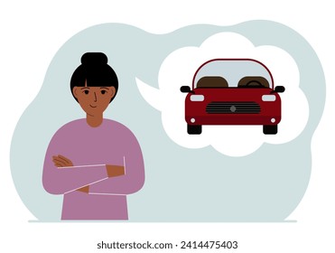 Happy woman dreams of a car. Near the woman is a large balloon with a red car. The concept of place, purchase, credit, thought.