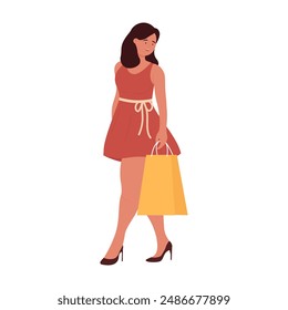 Happy woman in dress carrying paper bag, shopping for seasonal discounts vector illustration