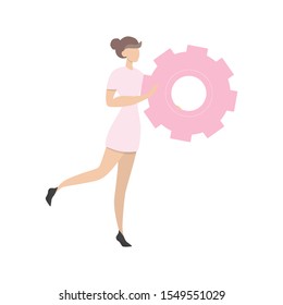 Happy woman in dress holding a cog. Teamwork concept. Idea of business people working together. Partnership and collaboration. Flat vector illustrationVector illustration in cartoon style