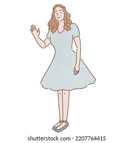 Happy woman in dress smiling, waving hand, saying hi, hello nice to meet you, good bye, welcoming people with informal greeting gesture. Hand drawn flat vector illustration in colored pencil texture