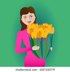Happy woman dressed in pink dress holding a bouquet of yellow and orange tulips
