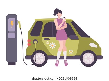 Happy woman drinking coffee while her electric car charging flat vector illustration