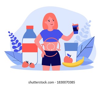Happy Woman Drinking Milk And Eating Fruits. Health, Food, Glass Flat Vector Illustration. Digestive System And Nutrition Concept For Banner, Website Design Or Landing Web Page