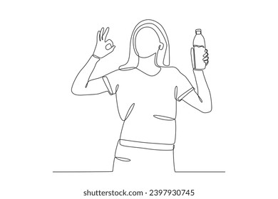 A happy woman drinking water. World water day one-line drawing