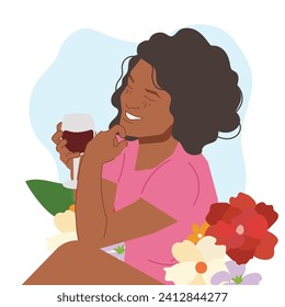 happy woman drinking wine in flat illustration