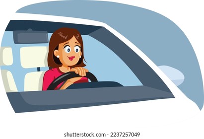 
Herzlichen Glückwunsch Frau Autofahrerin Cartoon Illustration. Weibliche Fahrer bereit für eine Straßenfahrt in ihrem eigenen Auto 
