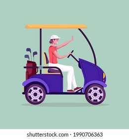 Happy woman driving golf cart. Golfer on golf car with golf club bag. Golf course, hotel, resort, country club transportation. Eco-friendly electric vehicle. Side view. Cartoon vector illustration.