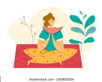 Happy Woman Eat Watermelon on Picnic. Female Character Relaxing on Nature Landscape. Healthy Eating Outdoor Relax. Vector Flat illustration