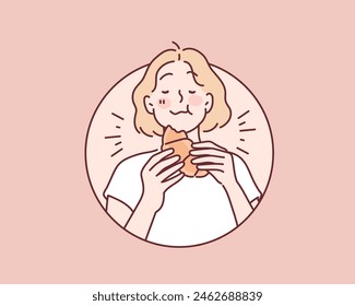 Happy woman eating a croissant. Hand drawn style vector design illustrations.