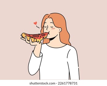 Mujer feliz comiendo pizza deliciosa. Una chica sonriente disfruta de una deliciosa comida rápida italiana. Cocina tradicional. Ilustración vectorial. 