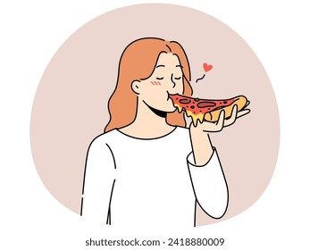 Mujer feliz comiendo pizza deliciosa. Una chica sonriente disfruta de una deliciosa comida rápida italiana. Cocina tradicional. Ilustración vectorial.