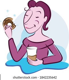 Happy woman eating a donut and drinking coffee, woman having lunch, woman enjoying dessert, coffee time, vector illustration