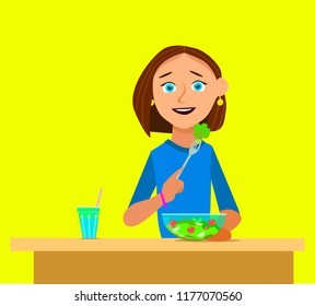 Happy woman eating salad and drinking clean water. Vegetarian. Vector illustration in flat style.