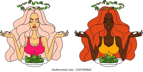 Happy woman is eating a salad. Vegetarian. The concept of proper nutrition and healthy lifestyle. Vector illustration in cartoon style