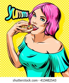 happy woman eating sandwich ice cream. Pop art comics vector illustration 