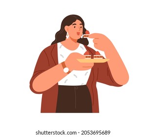 Happy woman eating sugar dessert, standing with plate of sweet pastries. Person enjoying tasty fat and high-calorie unhealthy food with pleasure. Flat vector illustration isolated on white background