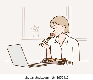 Happy woman eating sushi with chopsticks while using laptop in home. Hand drawn style vector design illustrations.