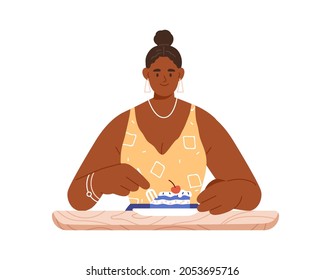 Happy woman eating sweet dessert, tasting piece of sugar cake. Person enjoying tasty food. Female sitting at table with delicious yummy pastry. Flat vector illustration isolated on white background