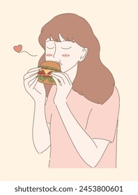 Mujer feliz comiendo una sabrosa hamburguesa con satisfacción. Chica gordita con hamburguesa. Dibujado a mano Ilustración vectorial de personaje de dibujos animados.