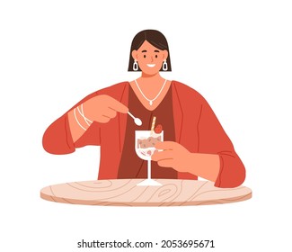 Happy woman eating tasty sugar dessert with pleasure. Smiling person tasting and enjoying delicious sweet food in glass, sitting at table. Flat vector illustration isolated on white background