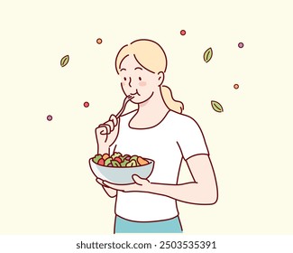 Happy woman eating vegetable salad. Hand drawn style vector design illustrations.