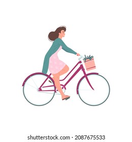 Happy woman in elegant dress riding bicycle with flower basket vector flat illustration. Smiling female enjoying outdoor summer activity healthy lifestyle ride on eco friendly transportation isolated