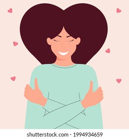 Happy woman embraces herself.Love yourself,love your body.Concept of love yourself.Vector illustration flat design style
