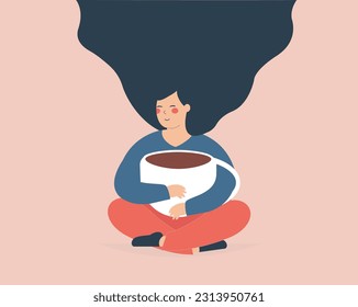 Happy woman embraces sits in lotus yoga pose and embraces a big cup of coffee. Young female with closed eyes holds a mug of café or cacao with enjoyment. Concept of body positive and caffeine lovers.