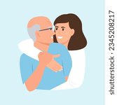 Happy woman embracing old father.
Adult daughter spending time with grandpa. Friendly family relationship.Vector illustration