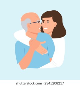 Happy woman embracing old father.
Adult daughter spending time with grandpa. Friendly family relationship.Vector illustration