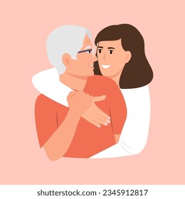 Happy woman embracing old mother.
Adult daughter spending time with grandma. Friendly family relationship.Vector illustration