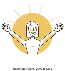 Happy woman, emotion of happiness, facial expression with gestures. Joyful female with white hair, expressing her happy feelings. Yellow vector circle icon.