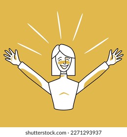Happy woman, emotion of happiness, orange and white. Joyful maiden half body vector drawing, good spirit of wife with square hairstyle, hands to the sides. Line art.